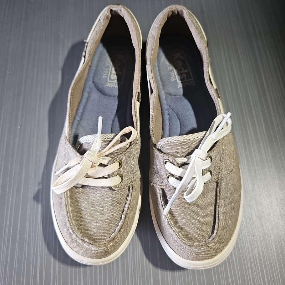 Keds Womens 6 Ortholite 2 Eye Boat Beige Fabric Slip On Moc Toe WF57105 PreOwned - Picture 2 of 10